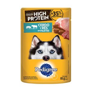 Alimento húmedo Pedigree High Protein perro adulto cerdo y res x85g