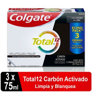 Crema Dental Colgate Total 12 Carbón Activado con Zinc75ml x3 Unidades