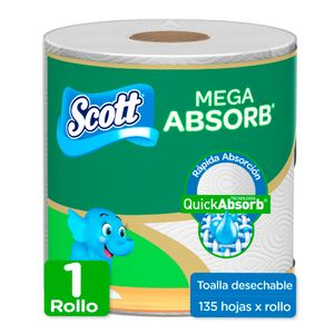 Toalla De Papel Desechable Scott Mega Absorb x1 Rollo x135 Hojas c/u