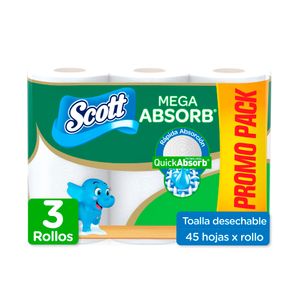 Toalla De Papel Desechable Scott Mega Absorb 3 Rollos x45 Hojas c/u